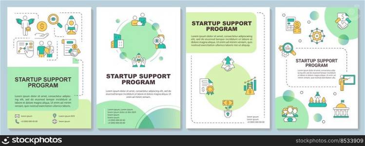 Start-up assistance program green brochure template. Leaflet design with linear icons. Editable 4 vector layouts for presentation, annual reports. Arial-Bold, Myriad Pro-Regular fonts used. Start-up assistance program green brochure template