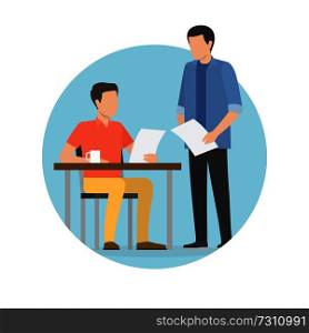 Start up businessman and papers, boss sitting by table and worker discussing project, cup on wooden desk, vector illustration isolated on white. Start Up Businessman and Paper Vector Illustration