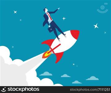 Start up. Businessman standing on rocket ship flying through starry sky