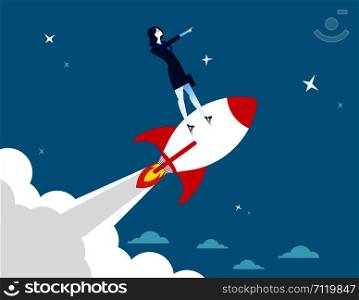 Start up. Businesswoman standing on rocket ship flying through starry sky. Concept business illustration. Vector flat
