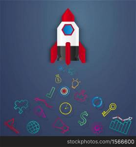 Start up concept , rocket launch , set of icons , paper art style