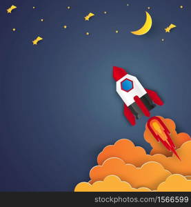 Start up concept , rocket with blank space , paper art style