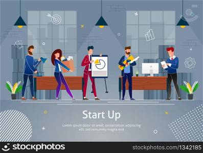 Start up in Team Concept Banner Vector Illustration. New Business Project Development and Launch New Innovational Product on Market. Creative Idea. Management. People Holding Box with Stationery.. New Business Project Development and Innovation.