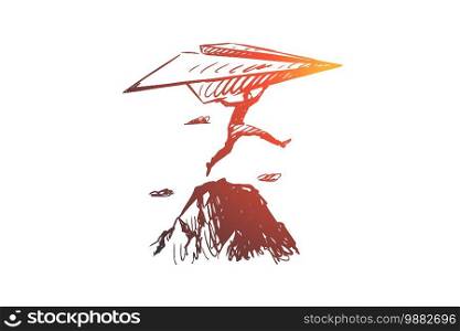 Start-up, inventor vector concept. Businessman with paper airplane jumping on rocks. Hand drawn sketch isolated illustration. Start-up, inventor concept. Hand drawn sketch isolated illustration