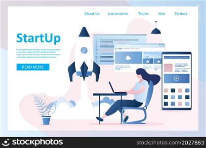 Start up landing page,rocket take off,girl programmer with laptop and big mobile phone with application,software development,trendy style vector illustration
