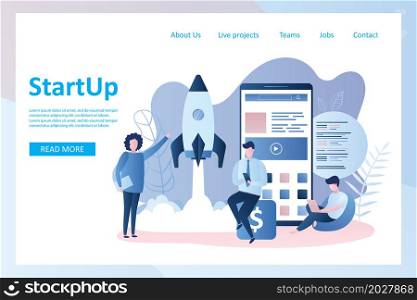 Start up landing page,rocket take off,teamwork and big mobile phone with application,app development,male and female human characters,trendy style vector illustration