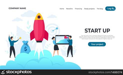 Start up landing page. Trendy entrepreneur characters starting project, successful strategy concept. Vector illustrations designing template web companies product launch. Start up landing page. Trendy entrepreneur characters starting project, successful strategy concept. Vector product launch
