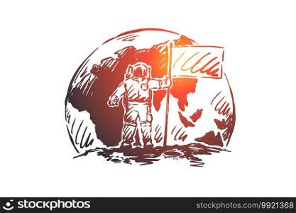 Start-up, leadership, astronaut vector concept. First man on Moon with flag. Hand drawn sketch isolated illustration. Start-up, leadership, astronaut concept. Hand drawn sketch isolated illustration