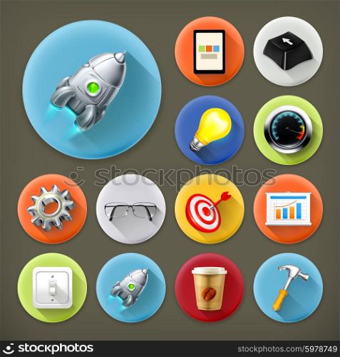 Start up, long shadow icon set