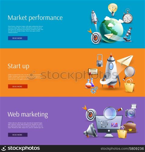 Start up marketing flat banners set. Start up business strategic marketing ideas concept flat banners set interactive webpage design abstract isolated vector illustration