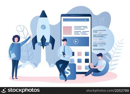 Start up project concept,rocket take off,teamwork and big mobile phone with application,app development,male and female human characters,trendy style vector illustration