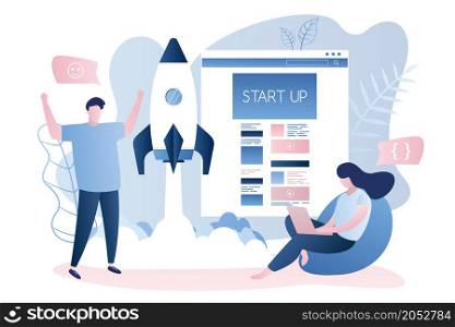 Start up project concept,spaceship take off, app or web site development,happy male character and woman with laptop,trendy style vector illustration
