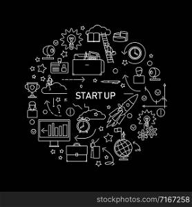Start Up vector concept with line icons on black background. Business marketing and development start up illustration. Start Up vector concept with line icons on black background