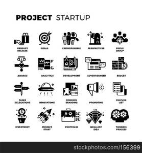 Start up, venture capital, entrepreneur vector icons set. Invest and promote project, collection of project management icons illustration. Start up, venture capital, entrepreneur vector icons set