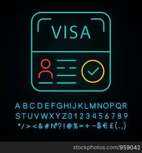 Start up visa neon light icon. Temporary residence permit. Travel document. Immigration. Foreign entrepreneurs visa. Glowing sign with alphabet, numbers and symbols. Vector isolated illustration