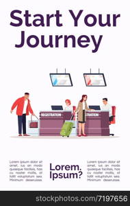 Start your journey poster template. Baggage check before departure. Commercial flyer design with semi flat illustration. Vector cartoon promo card. Airline services advertising invitation