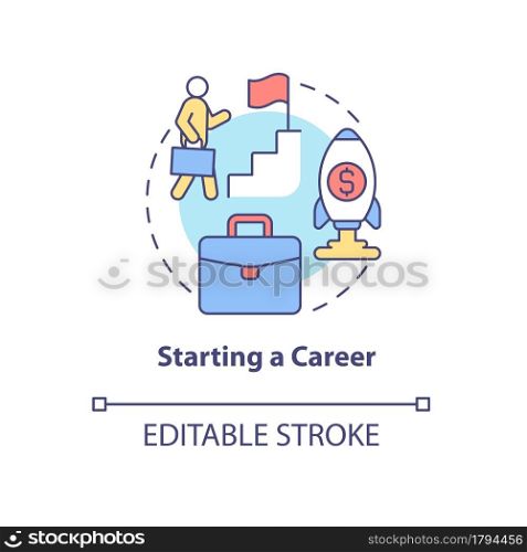 Starting a career concept icon. Professional identification. Financial increment. Climbing the ladder abstract idea thin line illustration. Vector isolated outline color drawing. Editable stroke. Starting a career concept icon