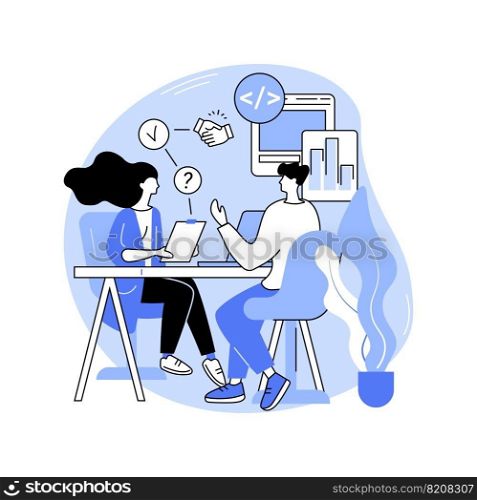 Starting a career in IT isolated cartoon vector illustrations. IT company HR manager interviewing young specialist, junior developer accepted to a position, career growth idea vector cartoon.. Starting a career in IT isolated cartoon vector illustrations.