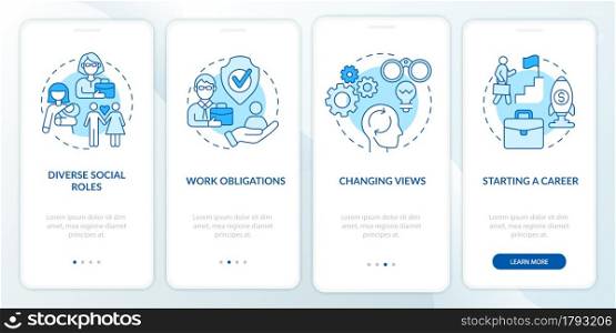 Starting a career onboarding mobile app page screen. Changing views walkthrough 4 steps graphic instructions with concepts. UI, UX, GUI vector template with linear color illustrations. Starting a career onboarding mobile app page screen
