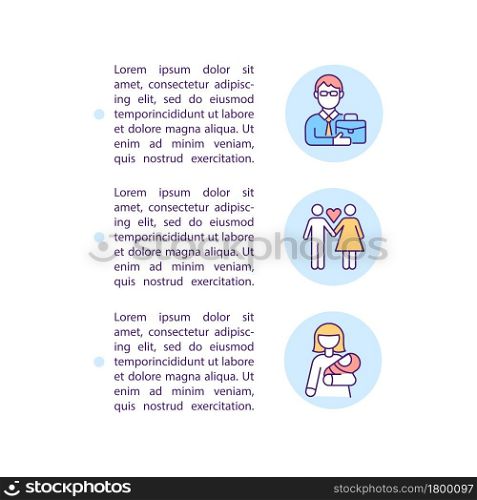 Starting a family concept line icons with text. PPT page vector template with copy space. Brochure, magazine, newsletter design element. Psychological adult development linear illustrations on white. Starting a family concept line icons with text