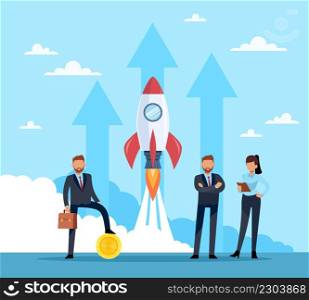 Starting business with successful team. Rocket launch into space, group of people with leader, startup financing, new creative technologies or project. Vector cartoon flat isolated teamwork concept. Starting business with successful team. Rocket launch into space, group of people with leader, startup financing, new creative technologies or project. Vector isolated teamwork concept
