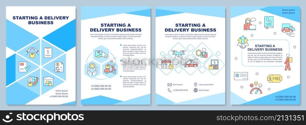 Starting delivery business brochure template. Shipping service. Booklet print design with linear icons. Vector layouts for presentation, annual reports, ads. Arial-Black, Myriad Pro-Regular fonts used. Starting delivery business brochure template