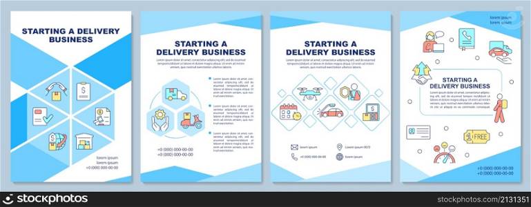 Starting delivery business brochure template. Shipping service. Booklet print design with linear icons. Vector layouts for presentation, annual reports, ads. Arial-Black, Myriad Pro-Regular fonts used. Starting delivery business brochure template