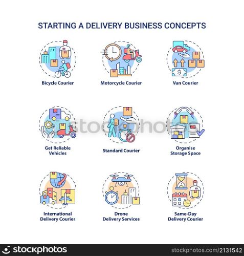 Starting delivery business concept icons set. Shipping service idea thin line color illustrations. Isolated outline drawings. Editable stroke. Roboto-Medium, Myriad Pro-Bold fonts used. Starting delivery business concept icons set