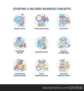 Starting delivery business concept icons set. Shipping service idea thin line color illustrations. Isolated outline drawings. Editable stroke. Roboto-Medium, Myriad Pro-Bold fonts used. Starting delivery business concept icons set
