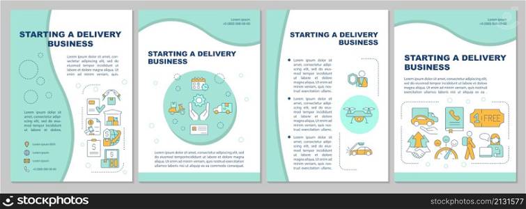 Starting delivery business mint brochure template. Shipment. Booklet print design with linear icons. Vector layouts for presentation, annual reports, ads. Arial-Black, Myriad Pro-Regular fonts used. Starting delivery business mint brochure template