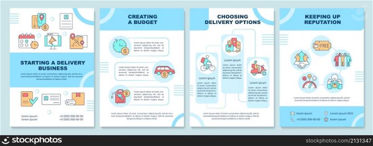 Starting delivery company brochure template. Shipment service. Booklet print design with linear icons. Vector layouts for presentation, annual reports, ads. Arial-Black, Myriad Pro-Regular fonts used. Starting delivery company brochure template
