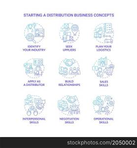 Starting distribution business blue gradient concept icons set. Entrepreneurship startup development. Wholesale trading company idea thin line color illustrations. Vector isolated outline drawings. Starting distribution business blue gradient concept icons set