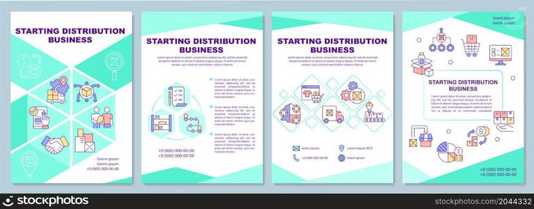 Starting distribution business brochure template. Wholesale company. Flyer, booklet, leaflet print, cover design with linear icons. Vector layouts for presentation, annual reports, advertisement pages. Starting distribution business brochure template