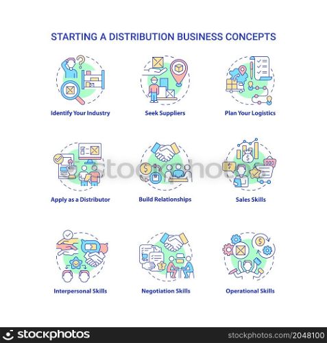 Starting distribution business concept icons set. Entrepreneurship startup development. Wholesale trading company idea thin line color illustrations. Vector isolated outline drawings. Starting distribution business concept icons set