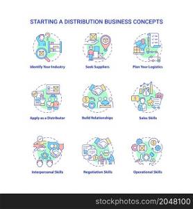 Starting distribution business concept icons set. Entrepreneurship startup development. Wholesale trading company idea thin line color illustrations. Vector isolated outline drawings. Starting distribution business concept icons set