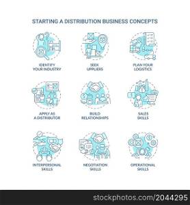 Starting distribution business turquoise blue concept icons set. Entrepreneurship startup development. Wholesale trading company idea thin line color illustrations. Vector isolated outline drawings. Starting distribution business turquoise blue concept icons set