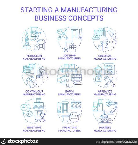 Starting manufacturing business blue gradient concept icons set. Goods production process idea thin line color illustrations. Isolated symbols. Roboto-Medium, Myriad Pro-Bold font used. Starting manufacturing business blue gradient concept icons set