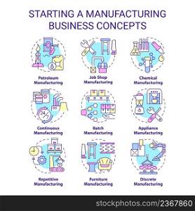 Starting manufacturing business concept icons set. Production process idea thin line color illustrations. Isolated symbols. Editable stroke. Roboto-Medium, Myriad Pro-Bold fonts used. Starting manufacturing business concept icons set