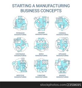 Starting manufacturing business turquoise concept icons set. Production process idea thin line color illustrations. Isolated symbols. Editable stroke. Roboto-Medium, Myriad Pro-Bold fonts used. Starting manufacturing business turquoise concept icons set