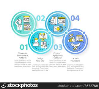 Starting online store blue circle infographic template. Data visualization with 4 steps. Editable timeline info chart. Workflow layout with line icons. Myriad Pro-Regular font used. Starting online store blue circle infographic template