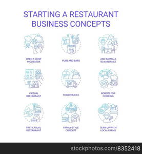 Starting restaurant business blue gradient concept icons set. Food trucks and pubs idea thin line color illustrations. Planning startup. Isolated symbols. Roboto-Medium, Myriad Pro-Bold fonts used. Starting restaurant business blue gradient concept icons set