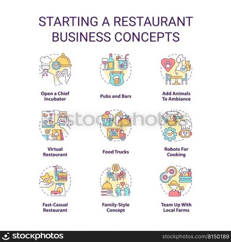 Starting restaurant business concept icons set. Food trucks and pubs idea thin line color illustrations. Planning startup. Isolated symbols. Editable stroke. Roboto-Medium, Myriad Pro-Bold fonts used. Starting restaurant business concept icons set