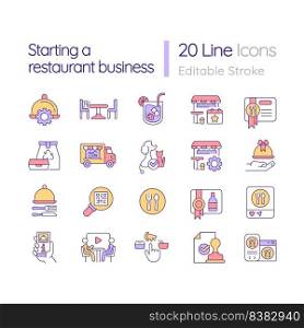 Starting restaurant business RGB color icons set. Foodservice establishment design. Isolated vector illustrations. Simple filled line drawings collection. Editable stroke. Quicksand-Light font used. Starting restaurant business RGB color icons set