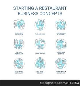 Starting restaurant business turquoise concept icons set. Food trucks and pubs idea thin line color illustrations. Isolated symbols. Editable stroke. Roboto-Medium, Myriad Pro-Bold fonts used. Starting restaurant business turquoise concept icons set