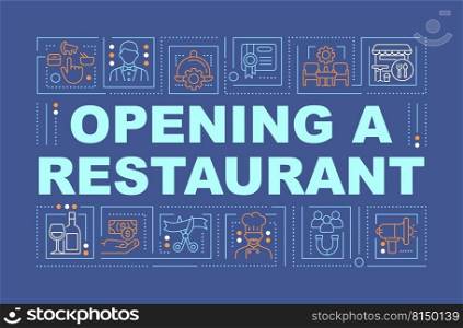 Starting small restaurant word concepts dark blue banner. Marketing. Infographics with editable icons on color background. Isolated typography. Vector illustration with text. Arial-Black font used. Starting small restaurant word concepts dark blue banner