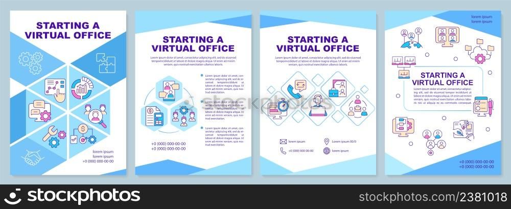 Starting virtual office blue brochure template. Working online. Leaflet design with linear icons. 4 vector layouts for presentation, annual reports. Arial-Black, Myriad Pro-Regular fonts used. Starting virtual office blue brochure template