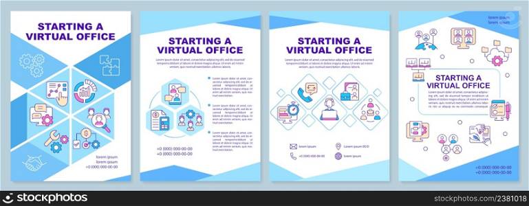 Starting virtual office blue brochure template. Working online. Leaflet design with linear icons. 4 vector layouts for presentation, annual reports. Arial-Black, Myriad Pro-Regular fonts used. Starting virtual office blue brochure template