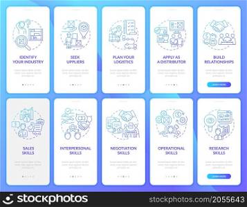 Starting wholesale business onboarding mobile app page screen set. Strategy walkthrough 5 steps graphic instructions with concepts. UI, UX, GUI vector template with linear color illustrations. Starting wholesale business onboarding mobile app page screen set