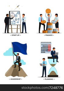 Startup and finance, leadership and planning, set of pictures with people thinking on plan, raising coins, working on computers vector illustration. Startup and Finance Leadership Vector Illustration