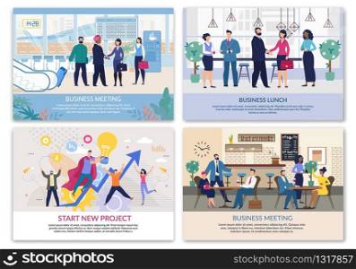 Startup and New Project Creation and Launching, Business Development and Expanding Partnership Boundaries, Corporate Ethics. Flat Landing Page Set. Vector Cartoon Businesspeople Illustration Design. Expanding Partnership Boundaries Business Set